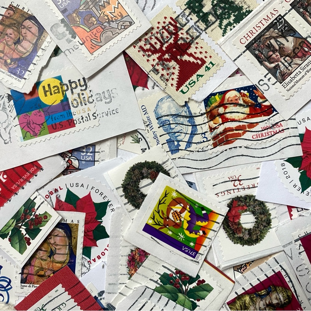 70 USA Christmas Postage Stamps on paper